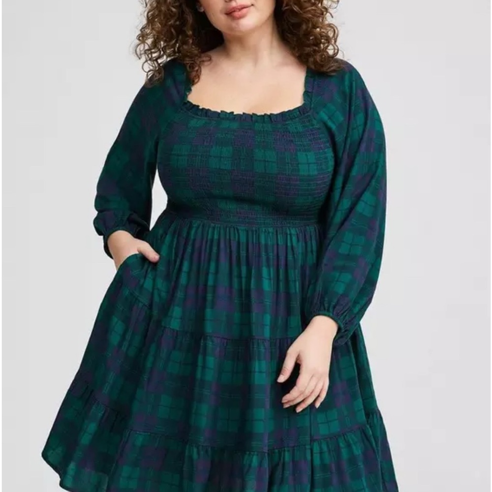 Torrid Mini Washable Challis Puff Sleeve Smocked Bodice Dress 4x 4 green plaid